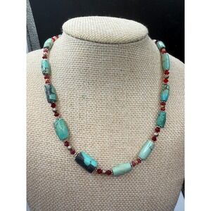 Turquoise Barrel Bead Necklace with Red Crystal Accents and Toggle Clasp 17"